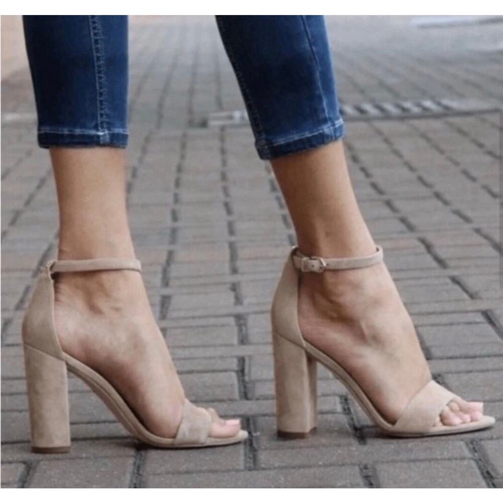 Sam Edelman Yaro Suede Block Heel Sandals 4" Nude Beige 7.5M EUC